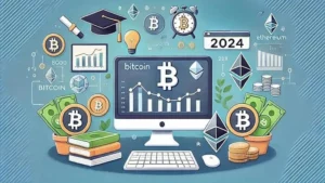 Computermonitor mit Diagrammen, Kryptowährungssymbolen (Bitcoin, Ethereum), Büchern und Bildungssymbolen wie einem Doktorhut