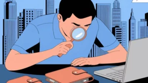 Person prüft Dokument mit Lupev