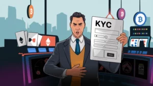 Eine Illustration eines Mannes mit einem verärgerten Gesichtsausdruck in einem Krypto-Casino, der ein KYC-Formular (Know Your Customer) in der Hand hält