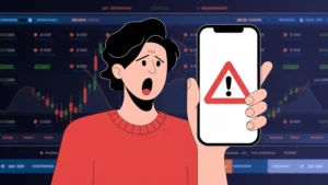 Illustriertes Bild einer Person mit schockiertem Gesichtsausdruck, die ein Smartphone mit einer geöffneten Kryptowährungs-Wallet-App hält.