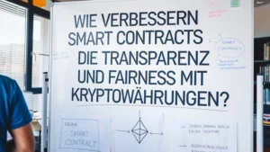 Ein Foto eines Whiteboards mit dem Text „Wie verbessern Smart Contracts die Transparenz und Fairness mit Kryptowährungen?“