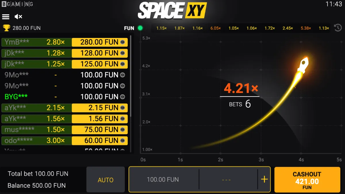 Space XY Crash Spiel von BGaming mit aufsteigender Rakete