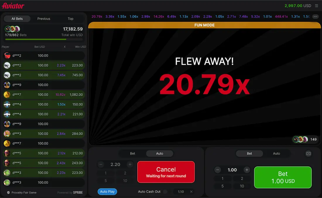 Aviator Crash Spiel von Spribe mit steigendem Multiplikator